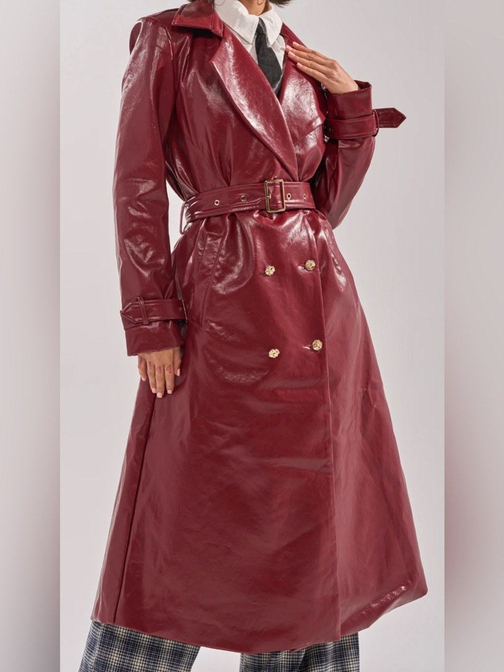 NWT AKIRA Burgundy Trench faux leatherTrench belted coat size. XL